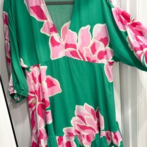 Elegant Green and Pink Floral Mini Dress